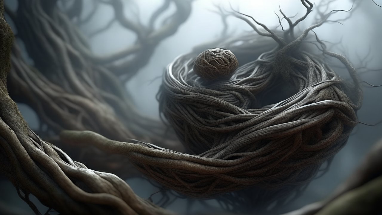 Entangled Roots Forming a Nest with a Yarn Ball