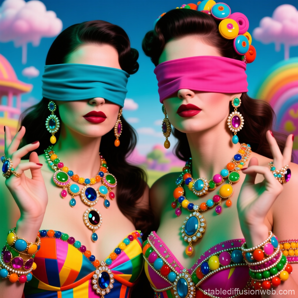Entangled Women in Vibrant Jewelry and Blindfolds