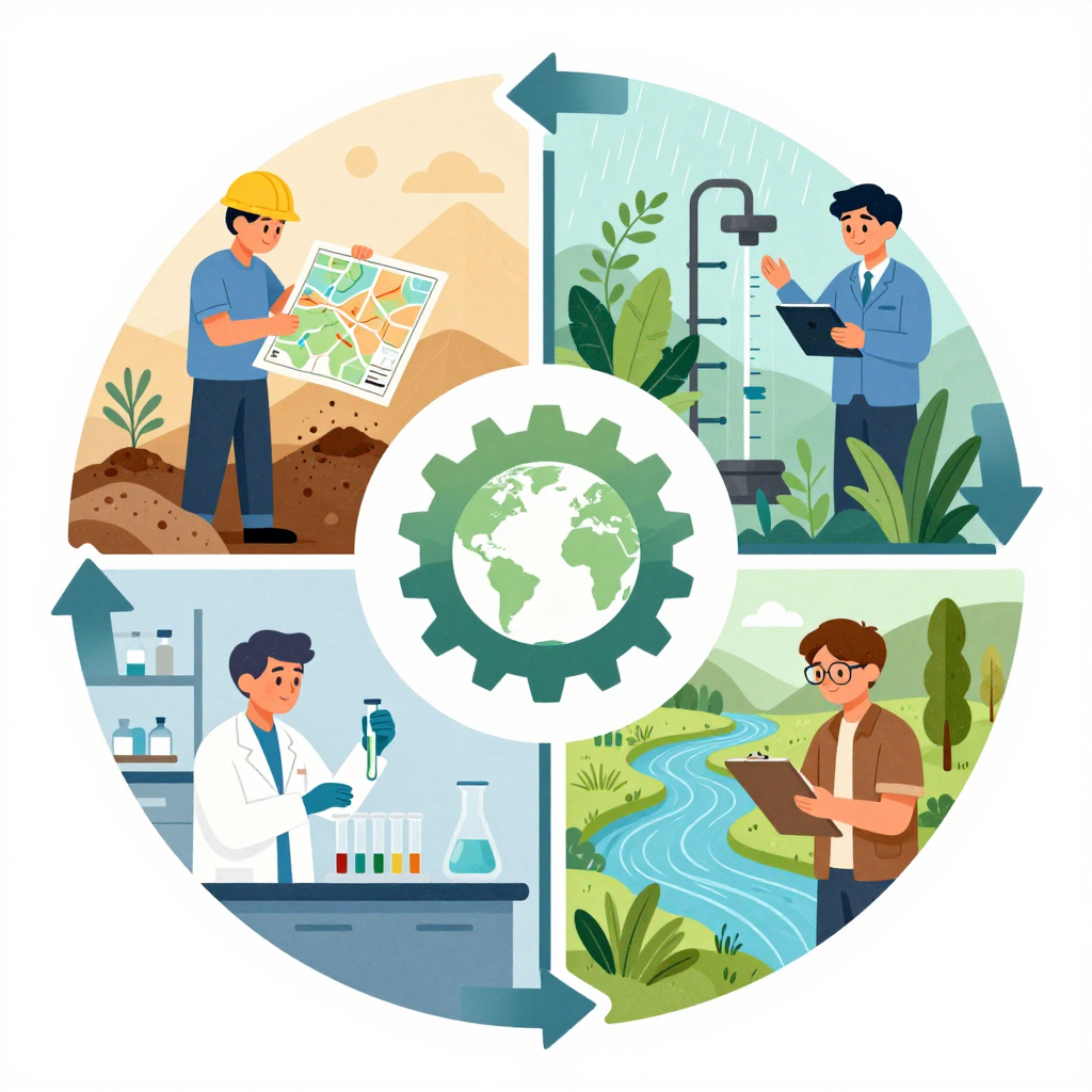 Environmental Research Cycle Illustrated with Scientists and Nature