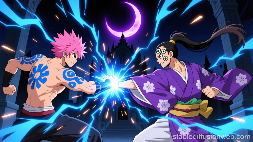 Epic Anime Battle Under a Crescent Moon
