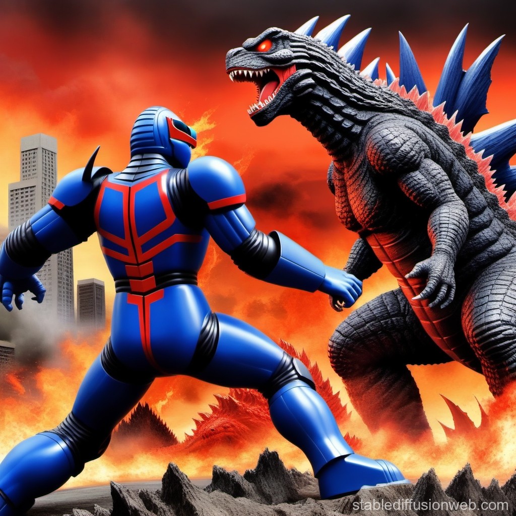 Epic Battle Between Giant Robot and Godzilla in Fiery Cityscape