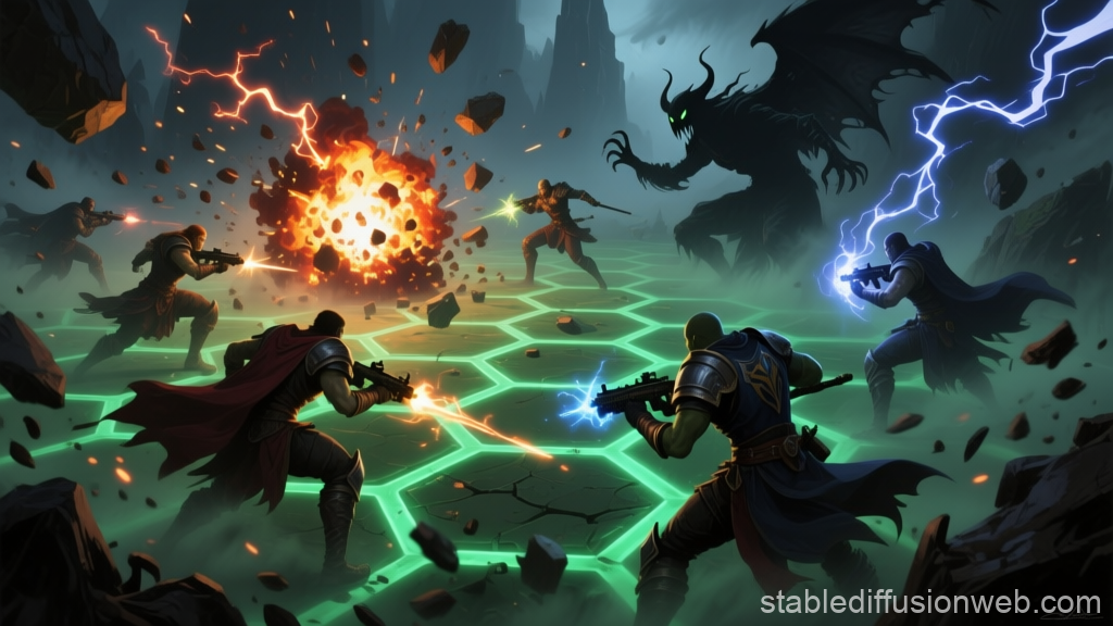 Epic Battle Between Heroes and Dark Demon on Glowing Hex Grid