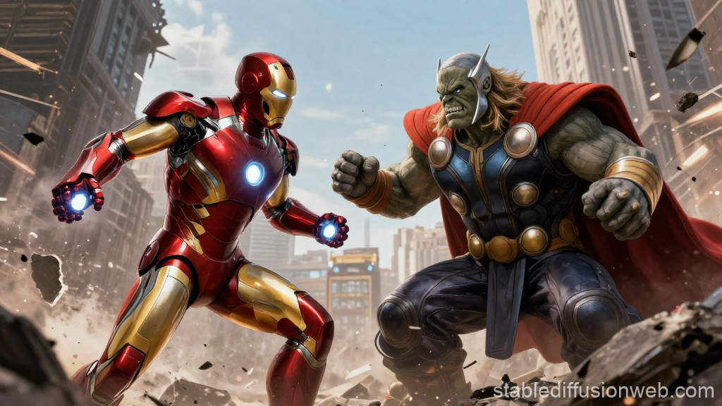 Epic Battle Between Iron Man and Thor in a Cityscape