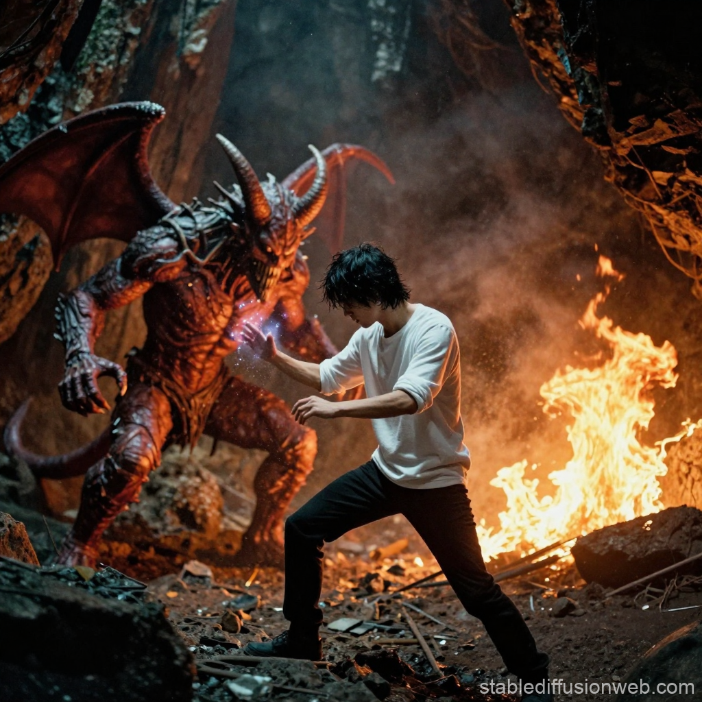 Epic Battle Between Man and Demon in Fiery Cave
