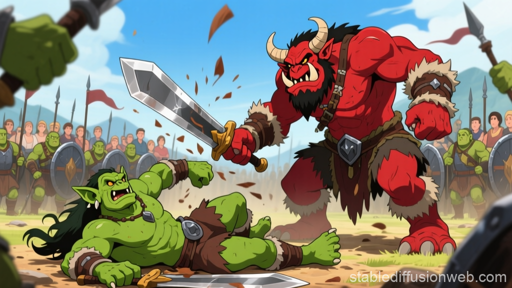 Epic Battle Between Orc and Red Troll in Animated Style