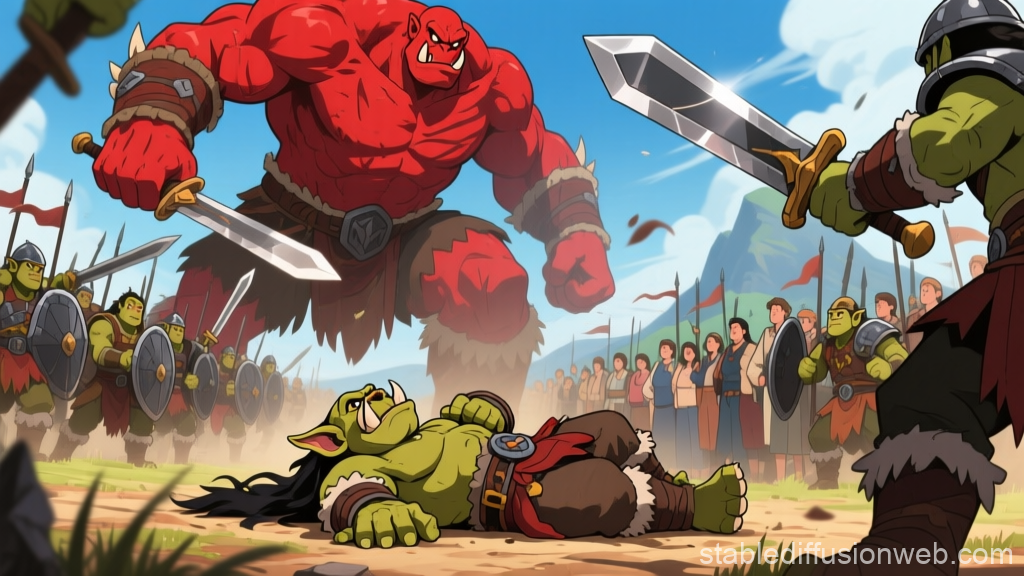 Epic Battle Between Orcs and a Giant in Animated Style