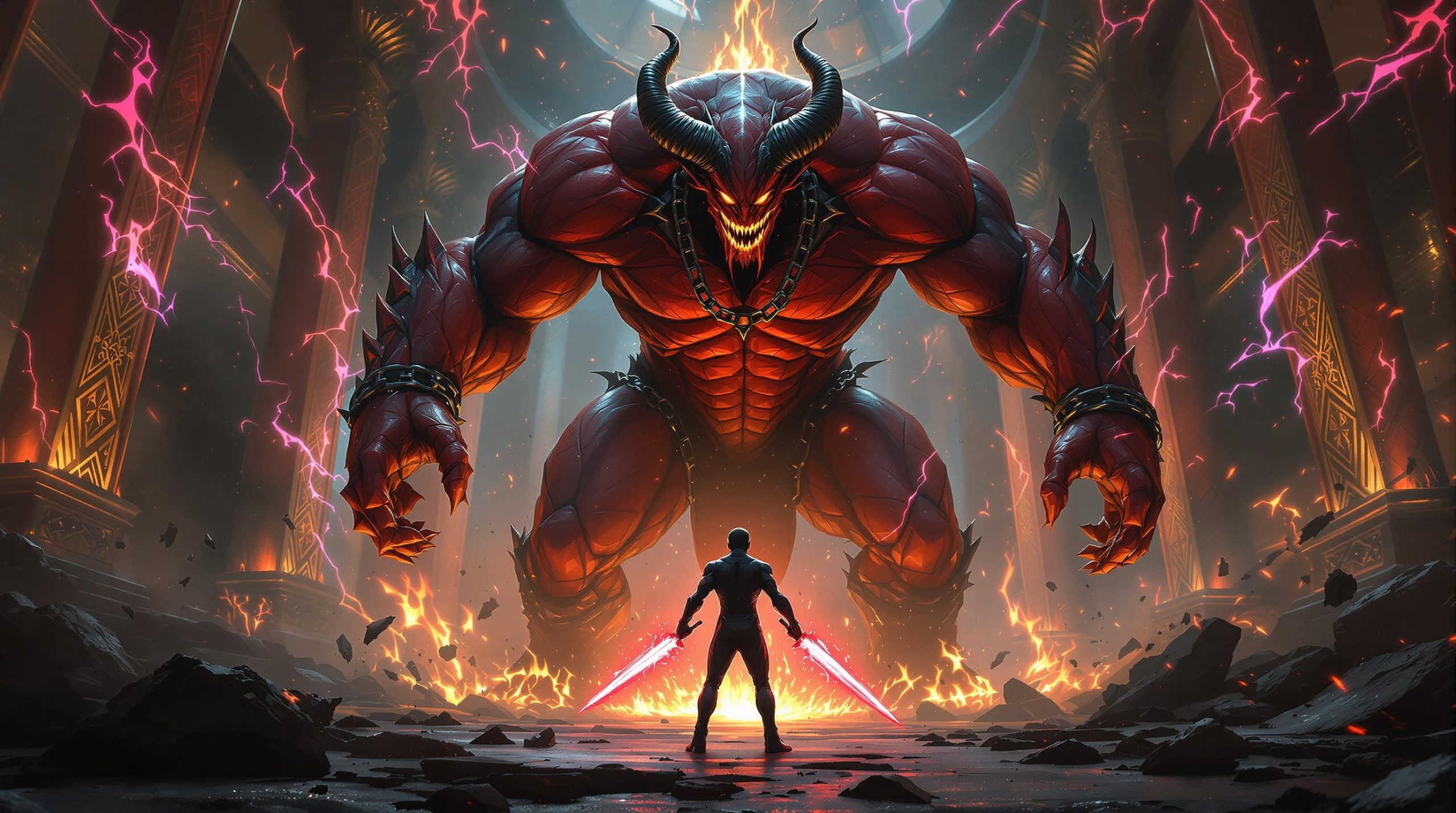 Epic Battle Between Warrior and Towering Demon