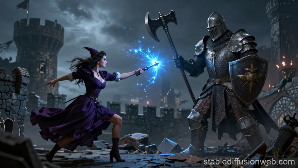 Epic Battle Between Witch and Knight in a Dark Castle