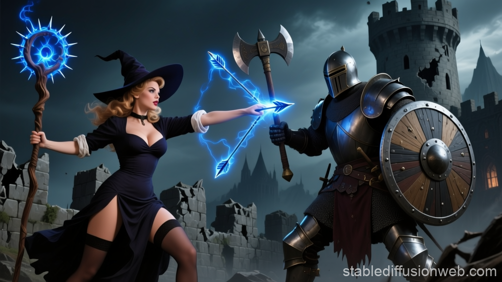 Epic Battle Between Witch and Knight in Dark Castle Ruins