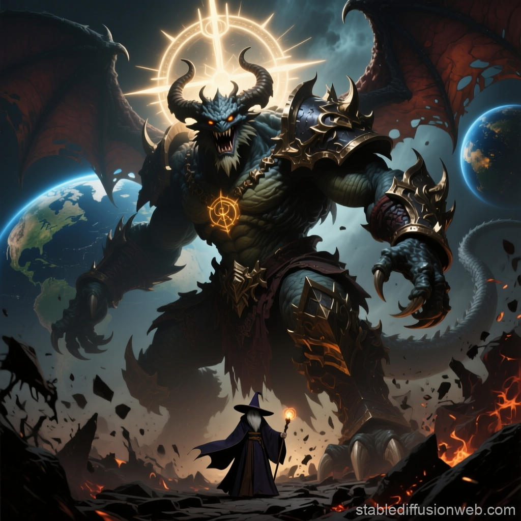 Epic Battle Between Wizard and Colossal Demon Over Earth