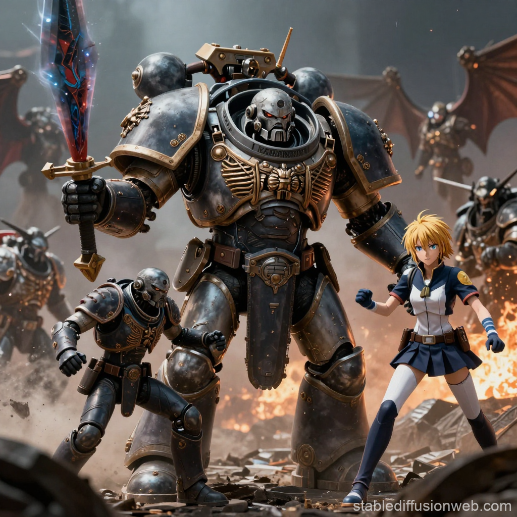 Epic Battle Scene: Warhammer Titan and Anime Warrior Unite