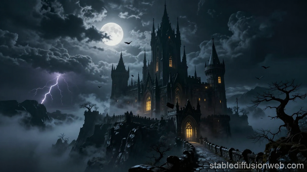 Epic Dark Fantasy Castle Under Full Moon