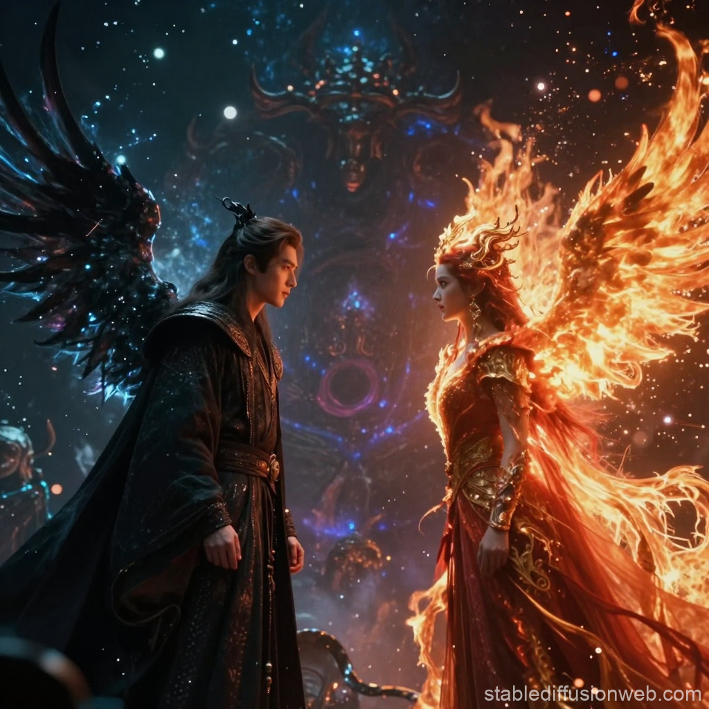 Epic Duel Between Fire and Darkness Sorcerers