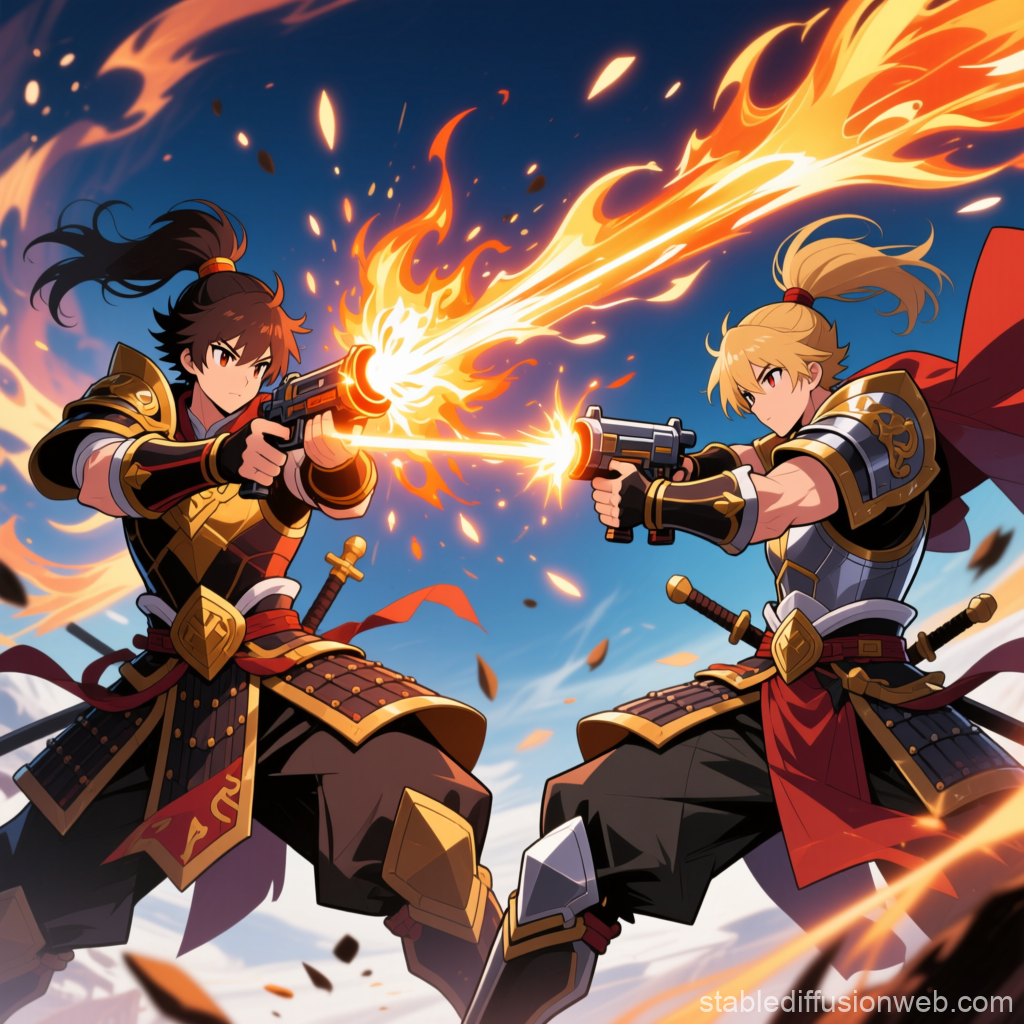 Epic Duel Between Two Armored Warriors with Flaming Guns