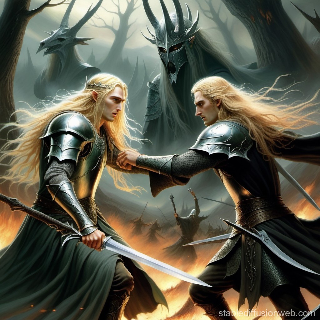 Epic Duel of Elven Warriors in a Dark Enchanted Forest
