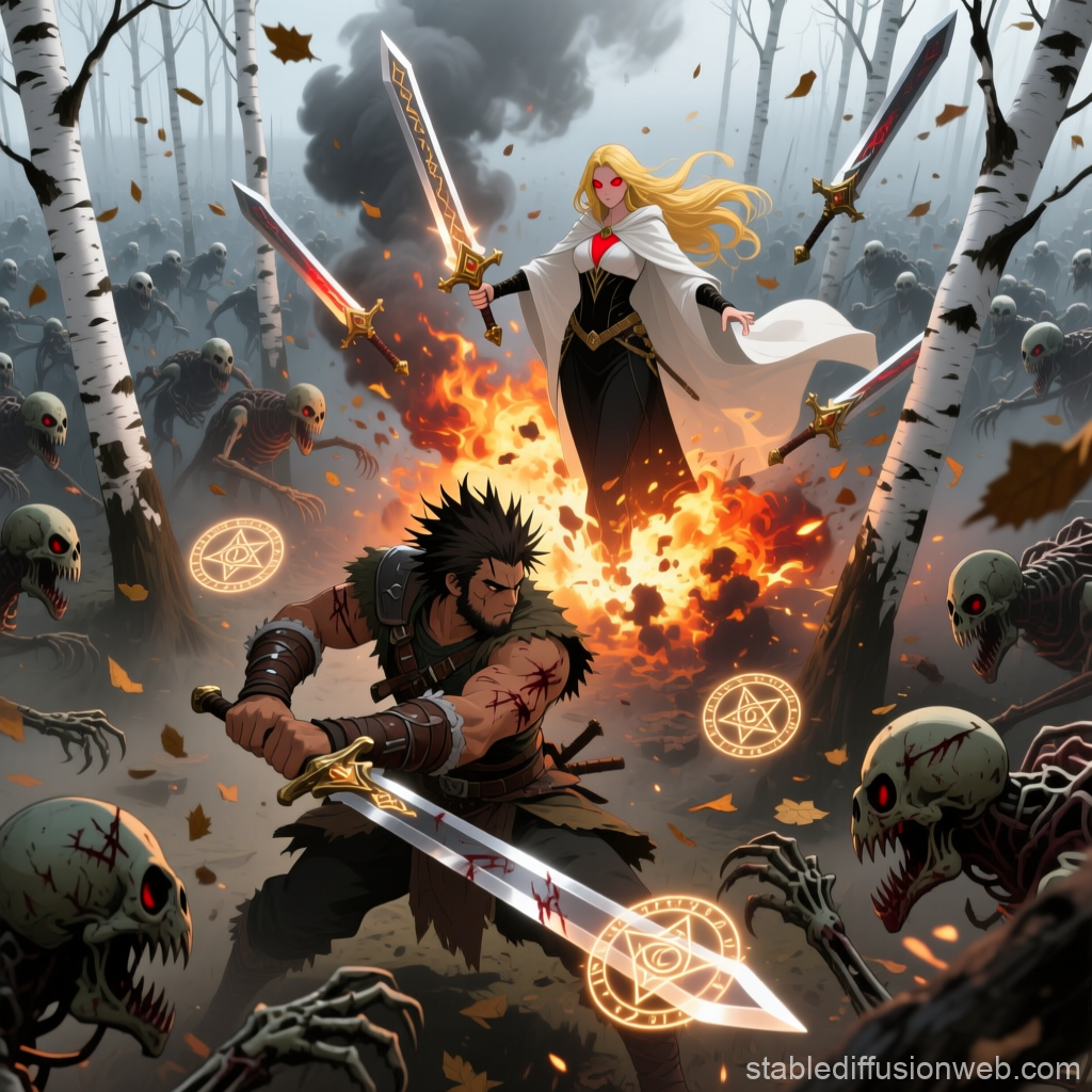 Epic Fantasy Battle in Birch Forest with Sorceress and Warrior