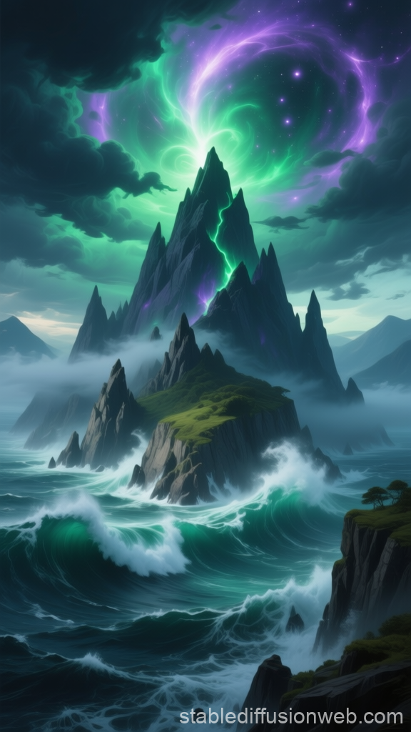 Epic Fantasy Island with Mystical Aurora and Stormy Seas