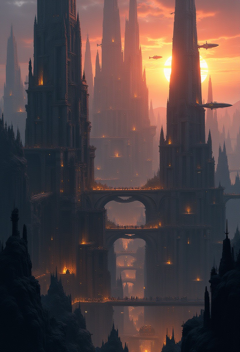 Epic Gothic Cityscape at Sunset with Flying Ships