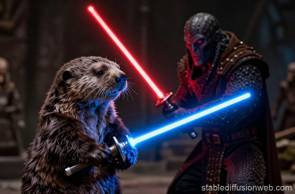 Epic Jedi Otter vs Dark Warrior Duel with Lightsabers