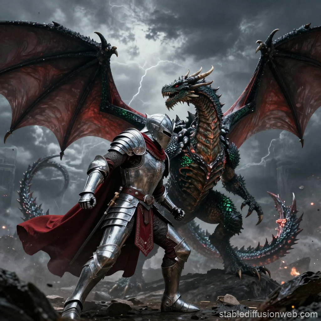 Epic Knight Facing Dark Dragon in Stormy Battlefield