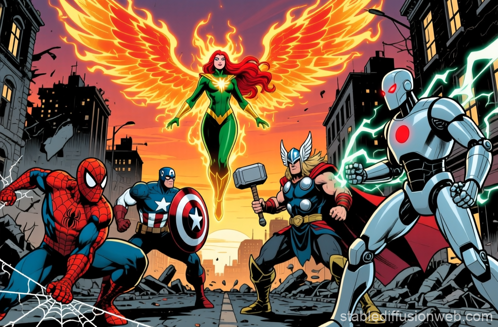 Epic Marvel Comic Battle Scene with Iconic Superheroes