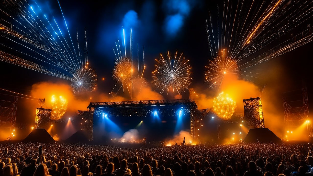 Epic Nighttime Rock Concert with Fireworks and Crowd