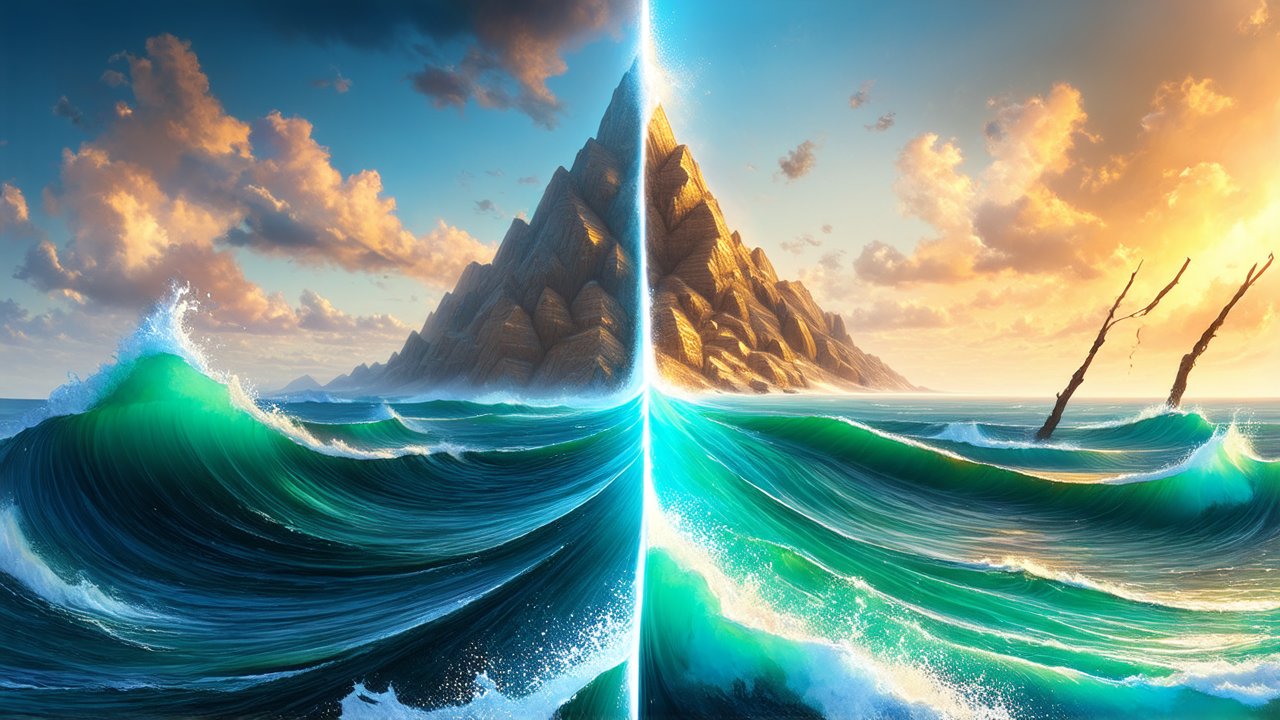 Epic Ocean Waves Parting Around a Mountain at Sunset