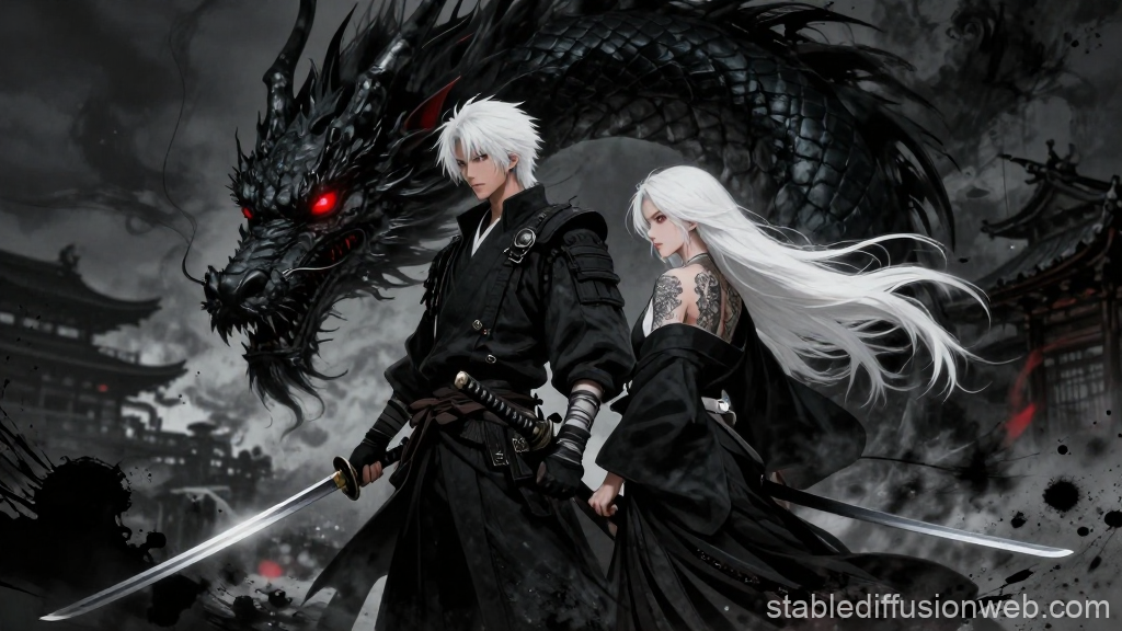 Epic Samurai Duo with Black Dragon in Dark Fantasy Setting
