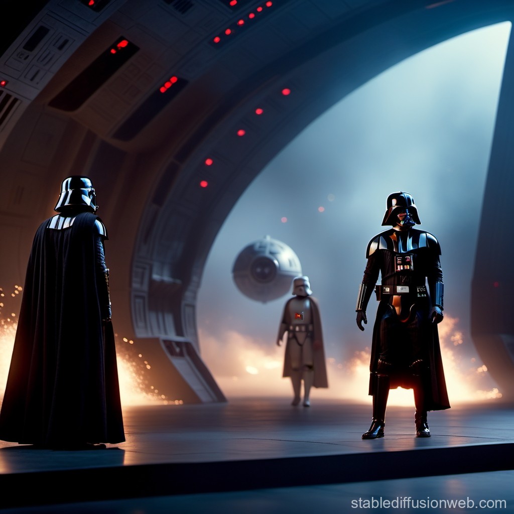 Epic Sci-Fi Scene with Dark Armored Figures in Futuristic Hangar