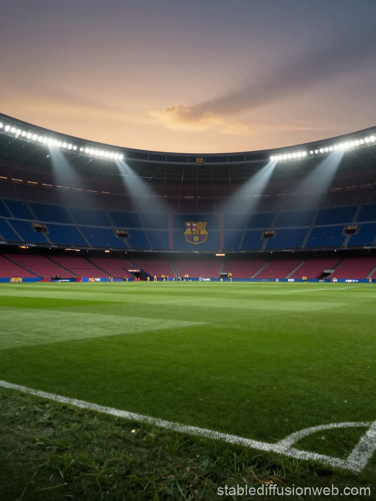 Epic View of Barcelona Stadium at Dusk with Spotlights