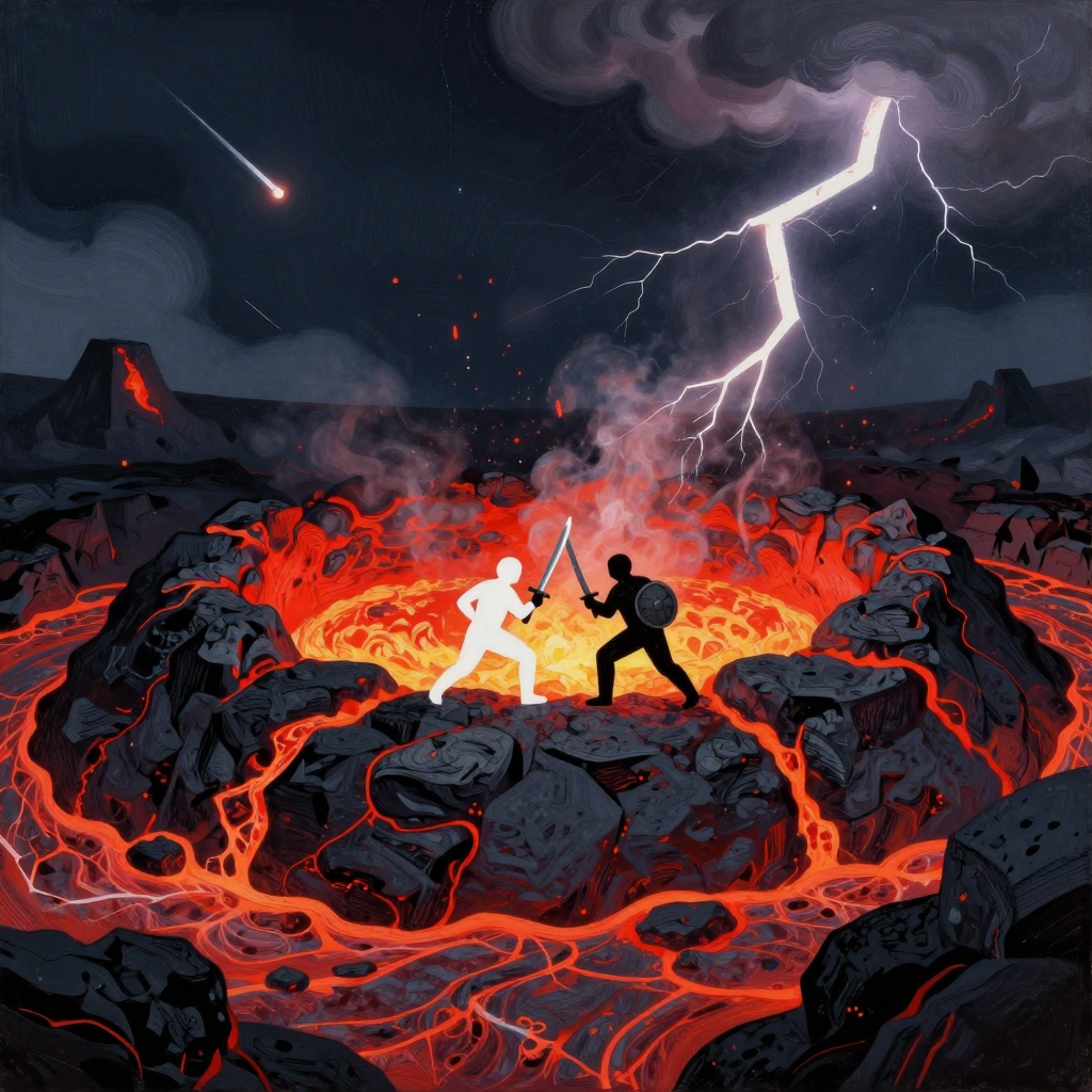 Epic Volcanic Battle Under Lightning Strike