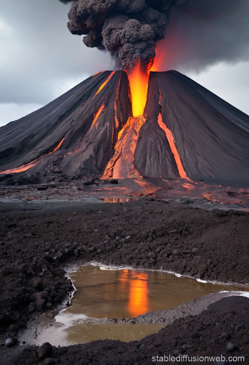 Erupting Volcano with Flowing Lava and Smoke