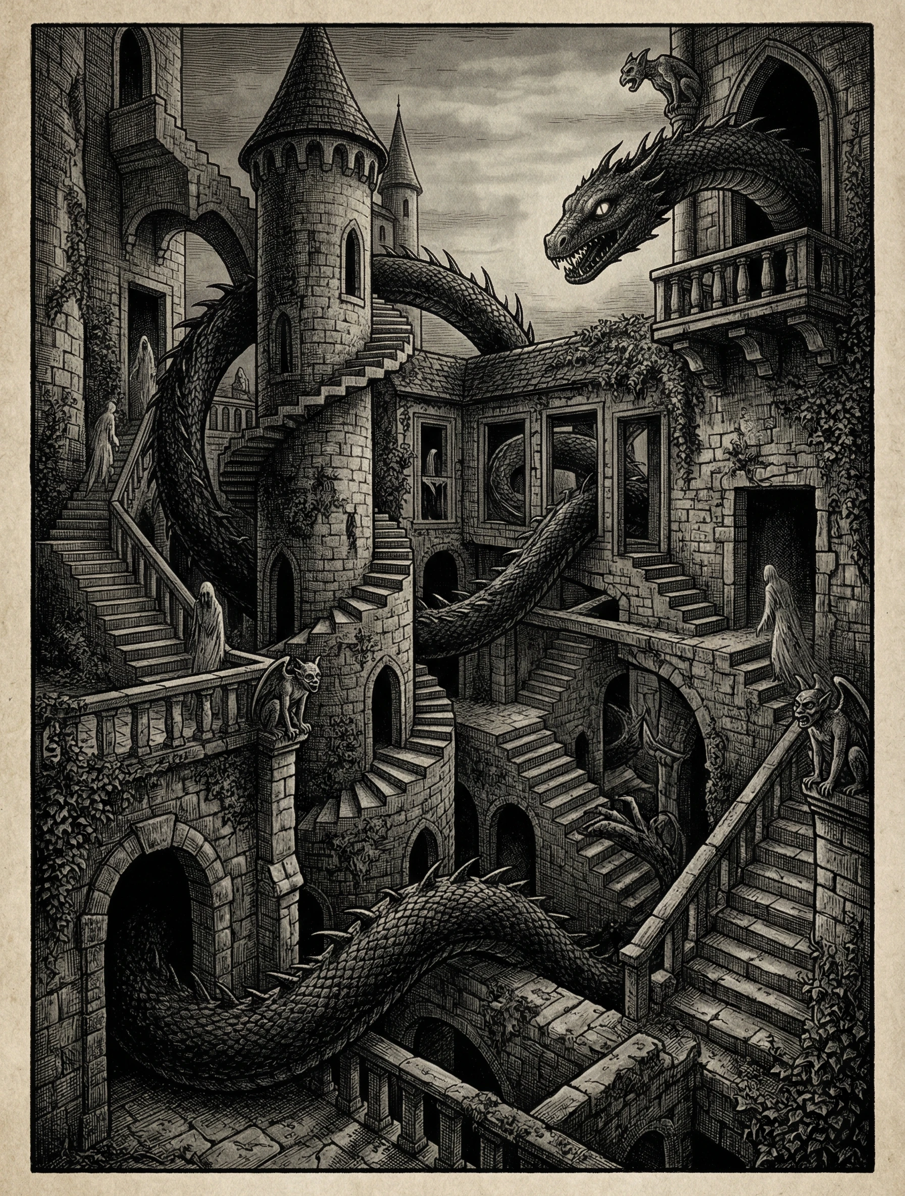 Escher-Inspired Castle with Dragon and Gargoyles
