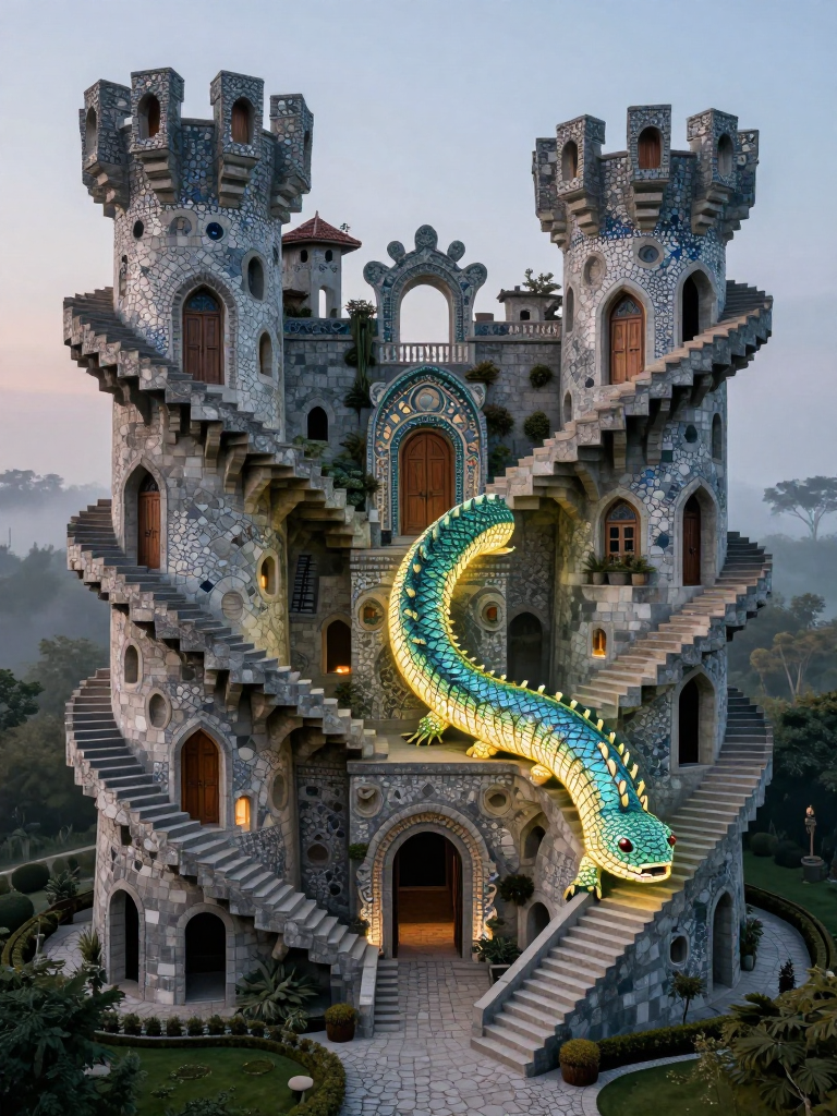 Escher-Inspired Castle with Glowing Lindworm