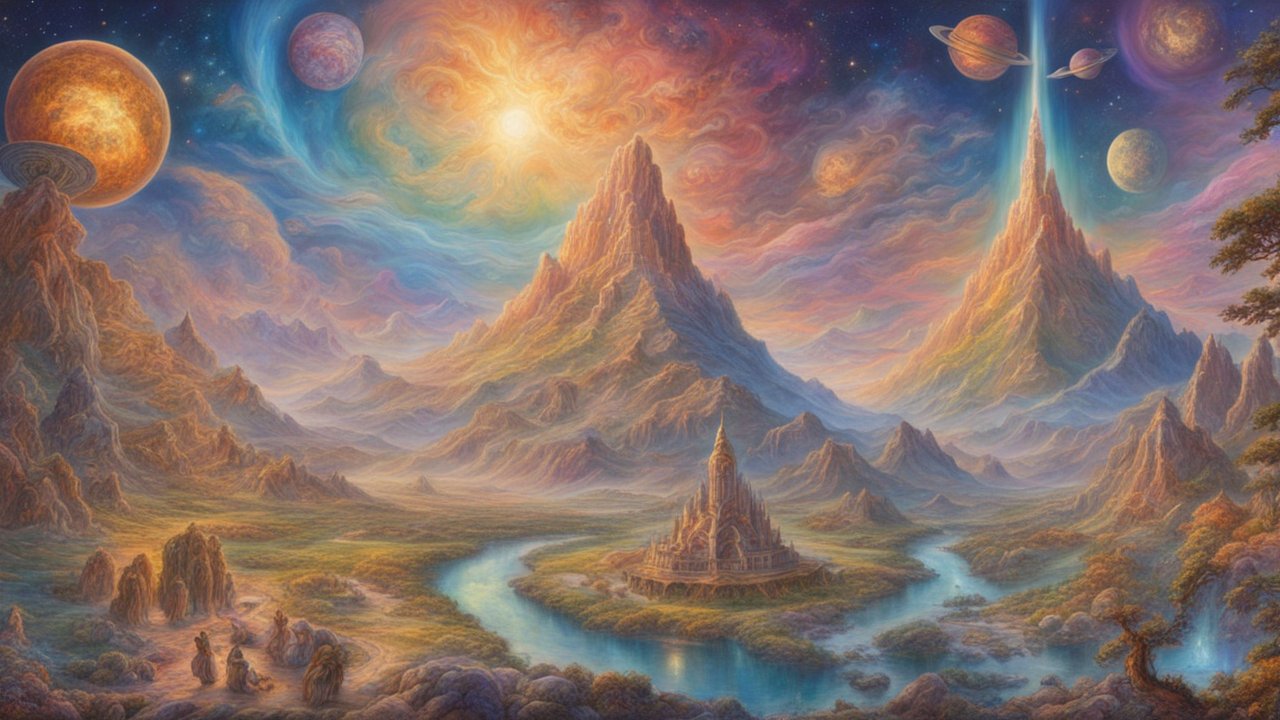 Esoteric Cosmic Landscape with Mystical Mountains and Planets