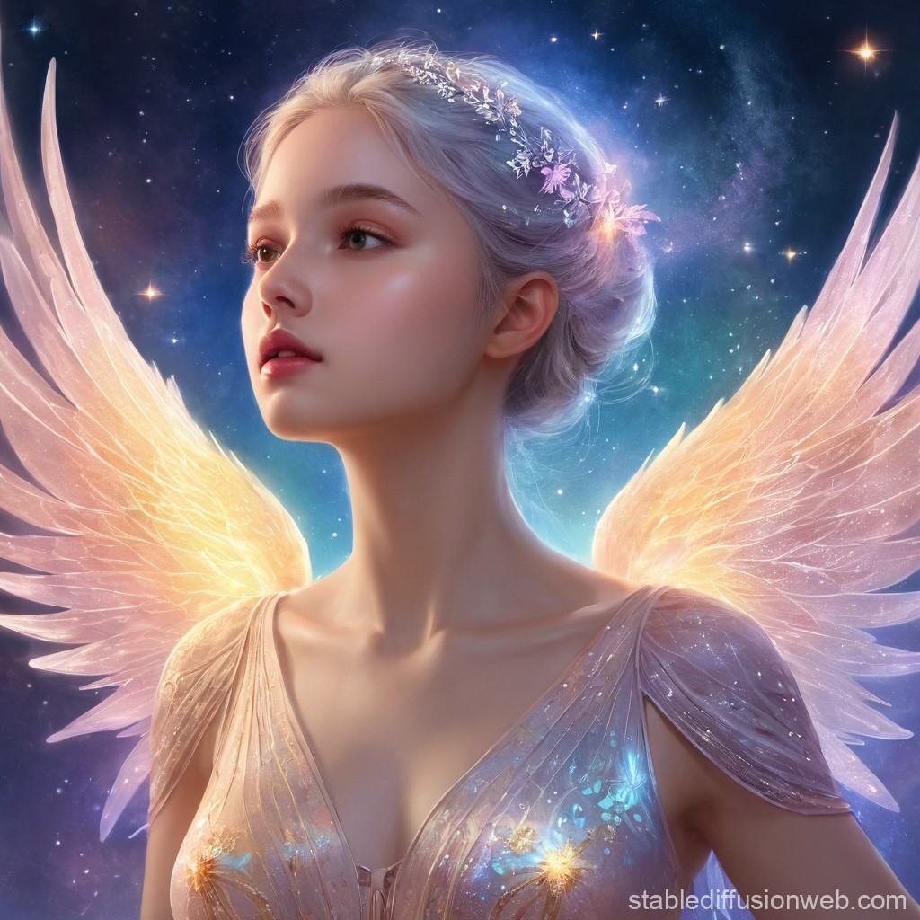 Ethereal Angelic Woman with Glowing Wings in Cosmic Space