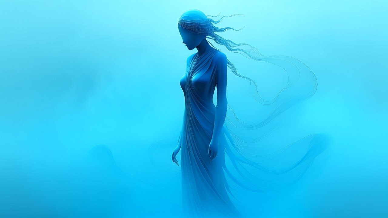 Ethereal Blue Silhouette of a Woman in Flowing Dress