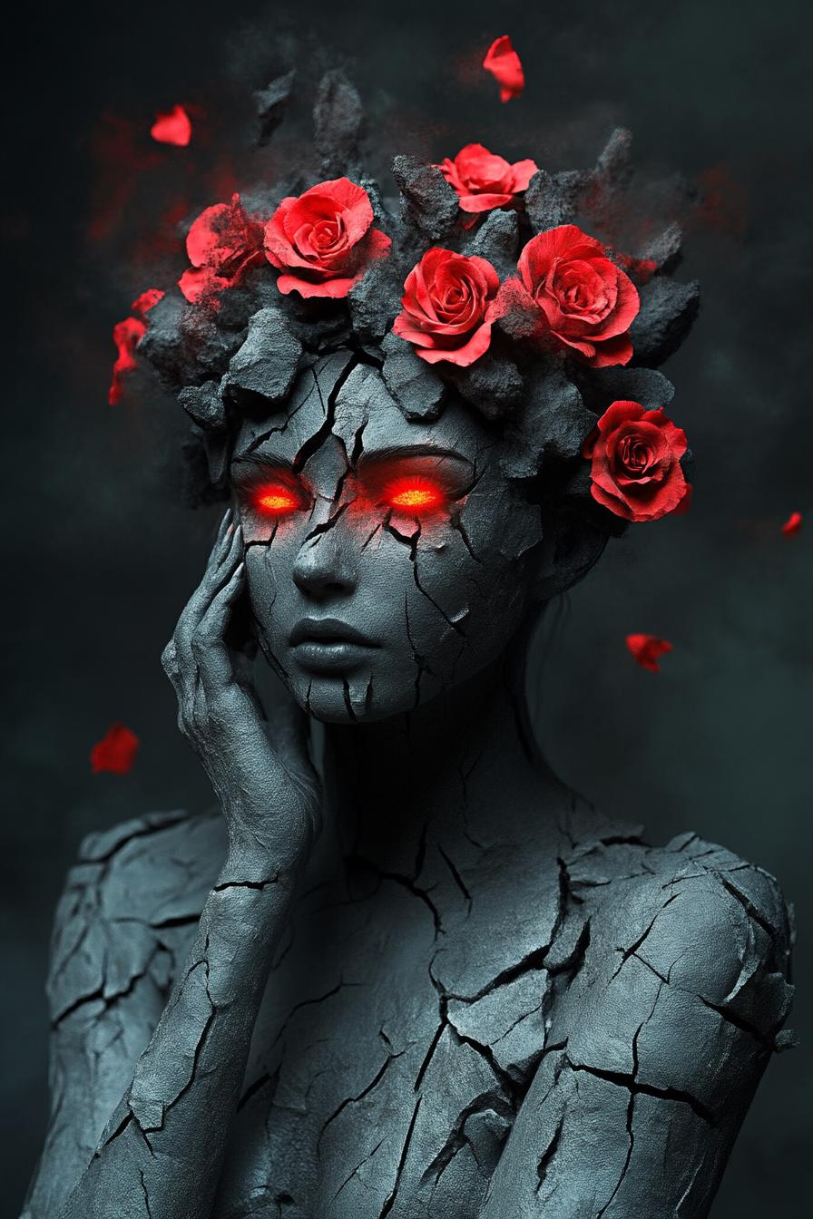 Ethereal Cracked Statue Woman with Glowing Eyes and Red Roses