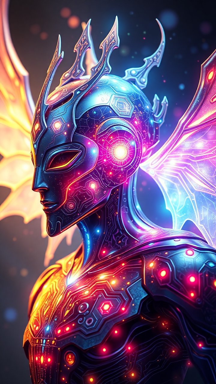 Ethereal Cybernetic Angel with Illuminated Wings