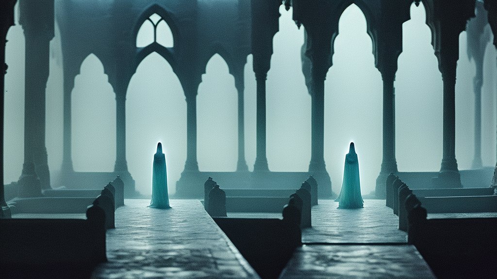 Ethereal Figures in Gothic Cathedral