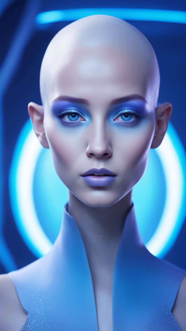 Ethereal Futuristic Portrait of a Bald Woman with Blue Makeup