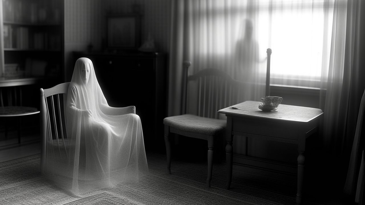 Ethereal Ghostly Figure in Vintage Room