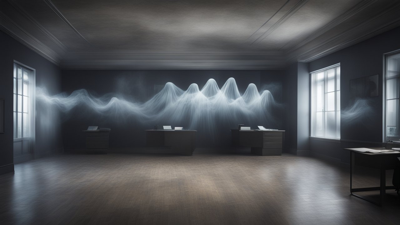Ethereal Ghostly Figures in a Dimly Lit Office