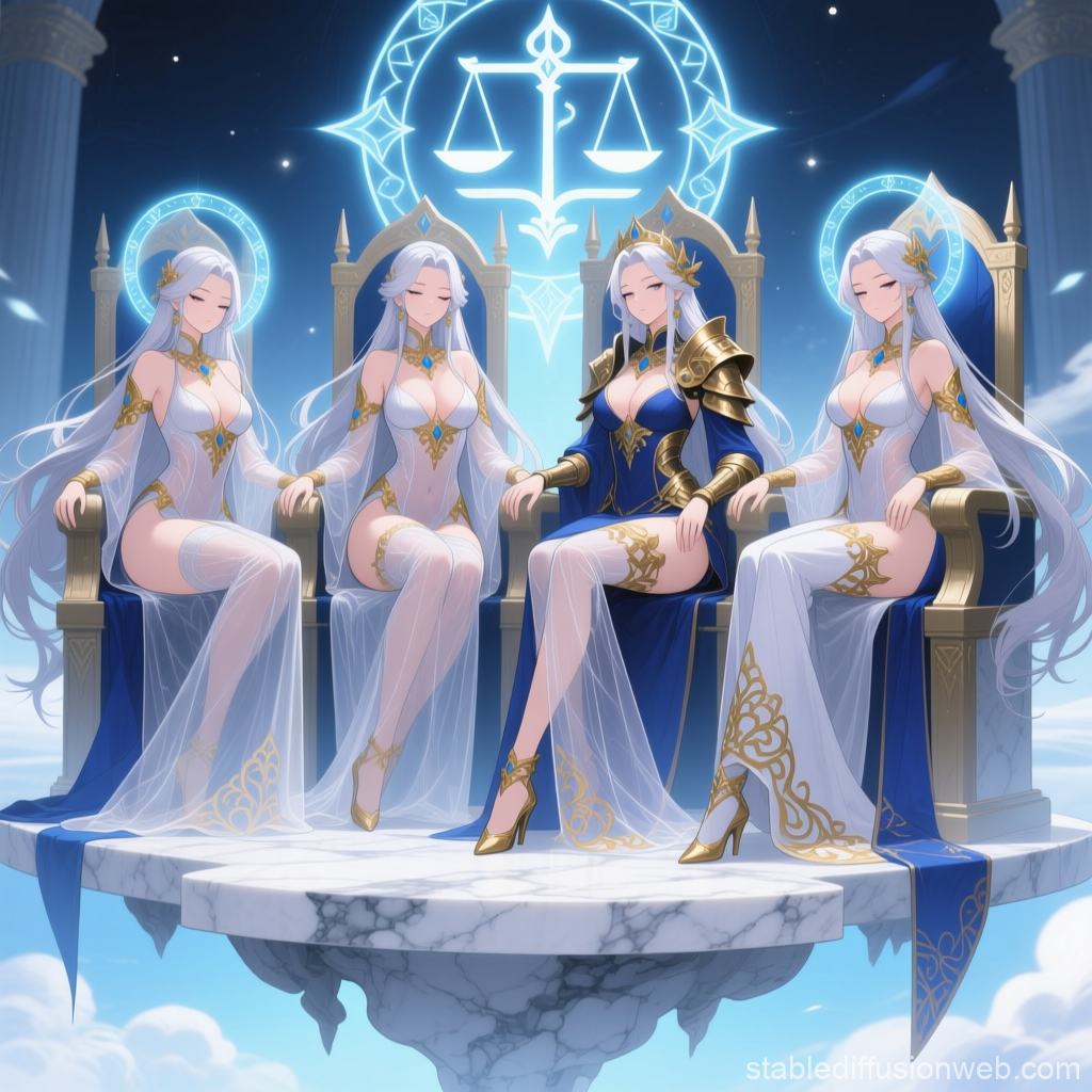 Ethereal Goddesses of Justice on Floating Thrones