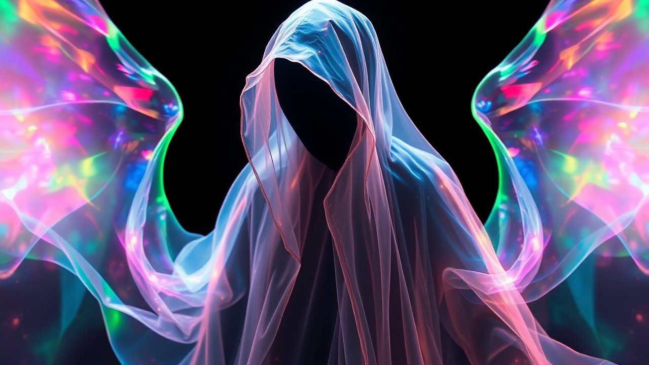 Ethereal Hooded Figure with Vibrant Translucent Wings