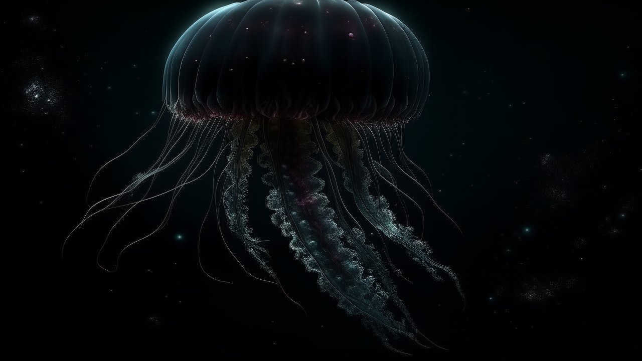 Ethereal Jellyfish Glowing in Deep Dark Ocean