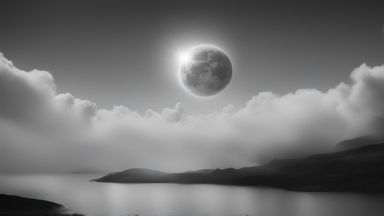 Ethereal Lunar Eclipse Over Misty Landscape