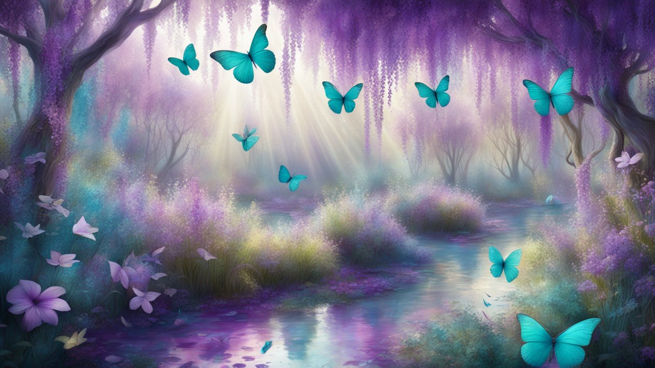 Ethereal Purple and Turquoise Butterfly Forest