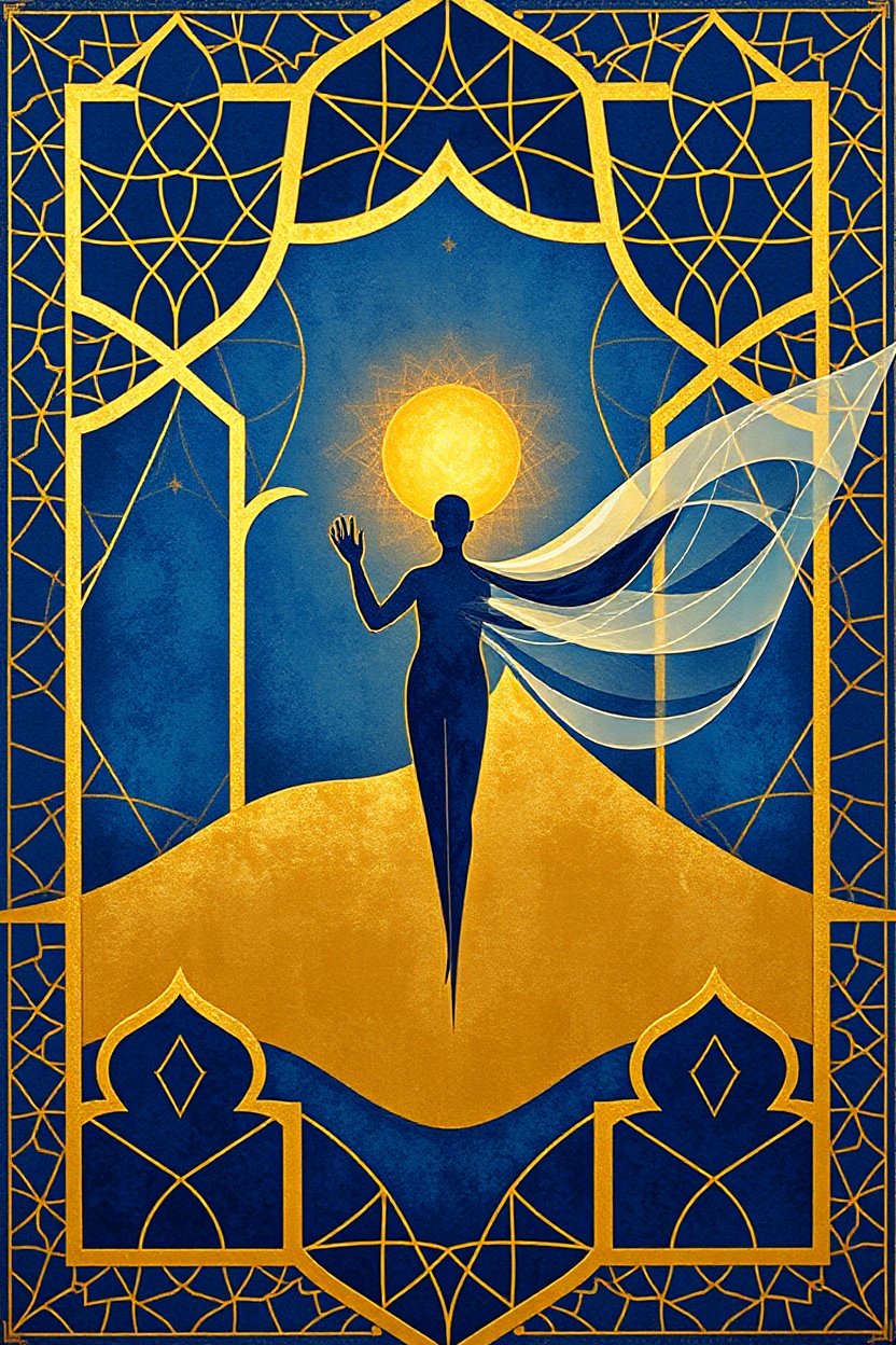 Ethereal Silhouette with Radiant Sun in Ornate Frame