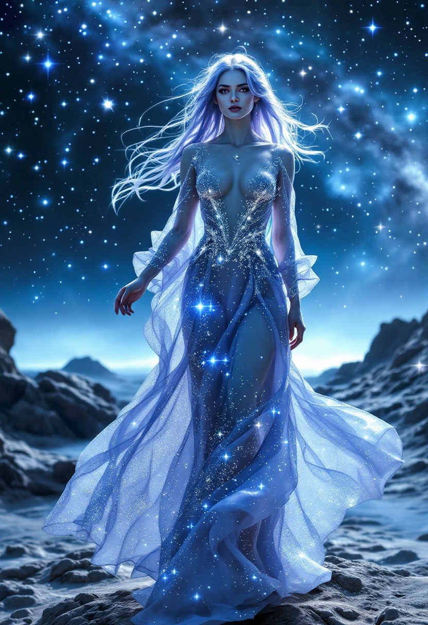 Ethereal Starry Night Goddess in Flowing Cosmic Gown